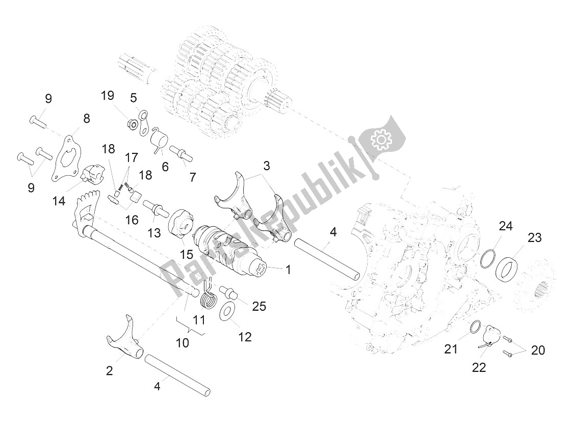 All parts for the Gear Box / Selector / Shift Cam of the Aprilia Caponord 1200 EU 2013