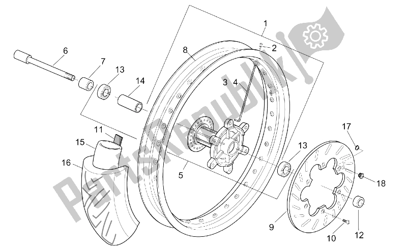 All parts for the Front Wheel of the Aprilia MX 50 2004