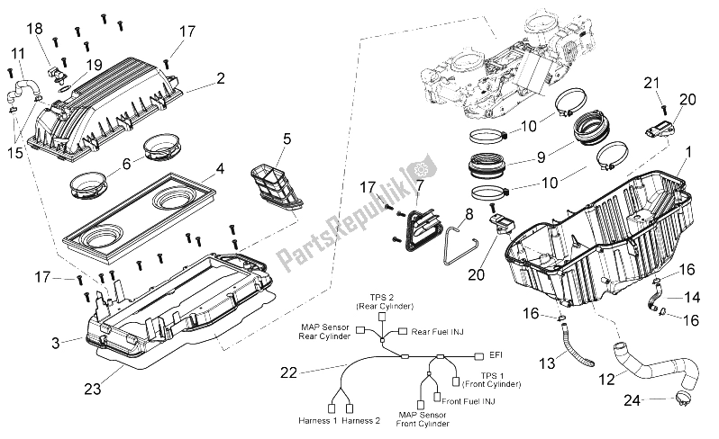 All parts for the Air Box of the Aprilia Shiver 750 GT 2009