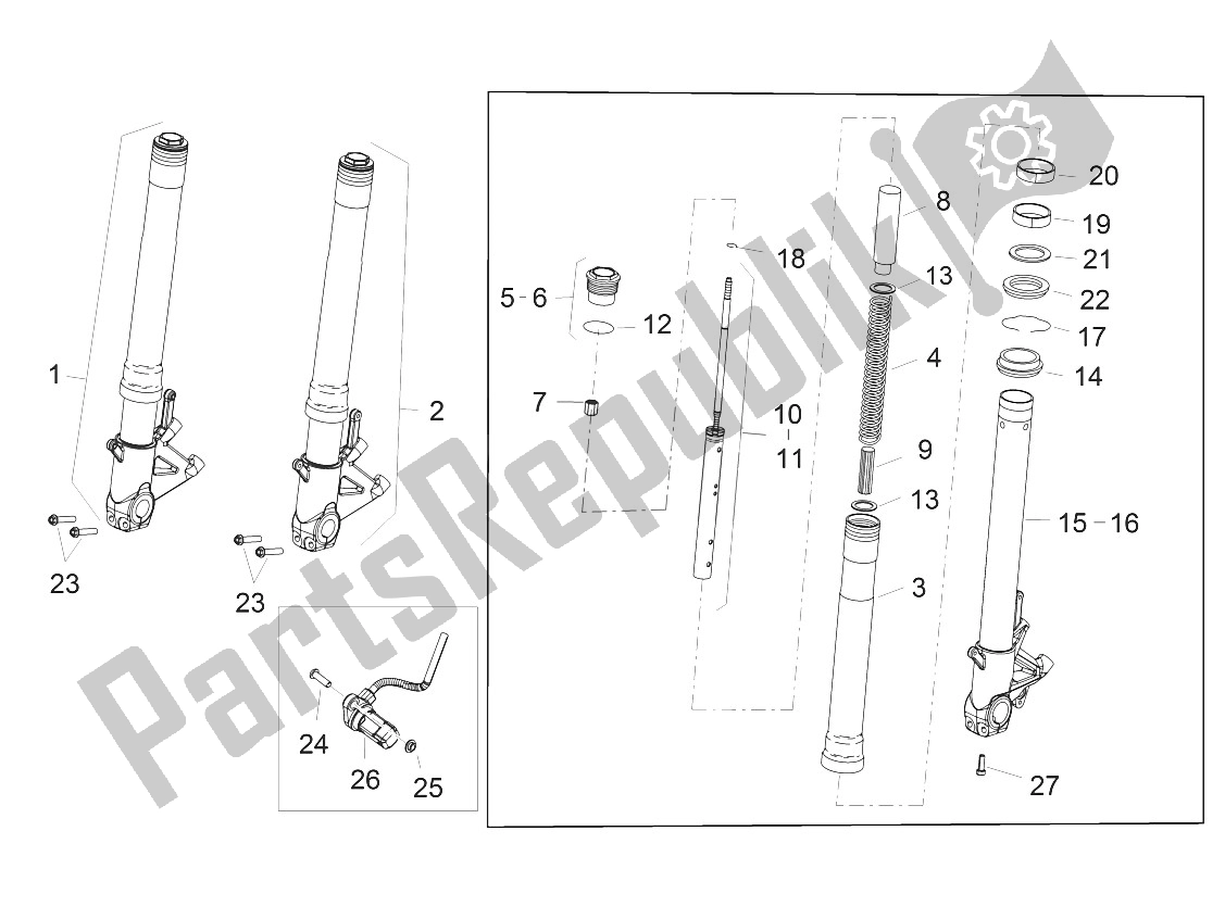 All parts for the Front Fork of the Aprilia Caponord 1200 EU 2013