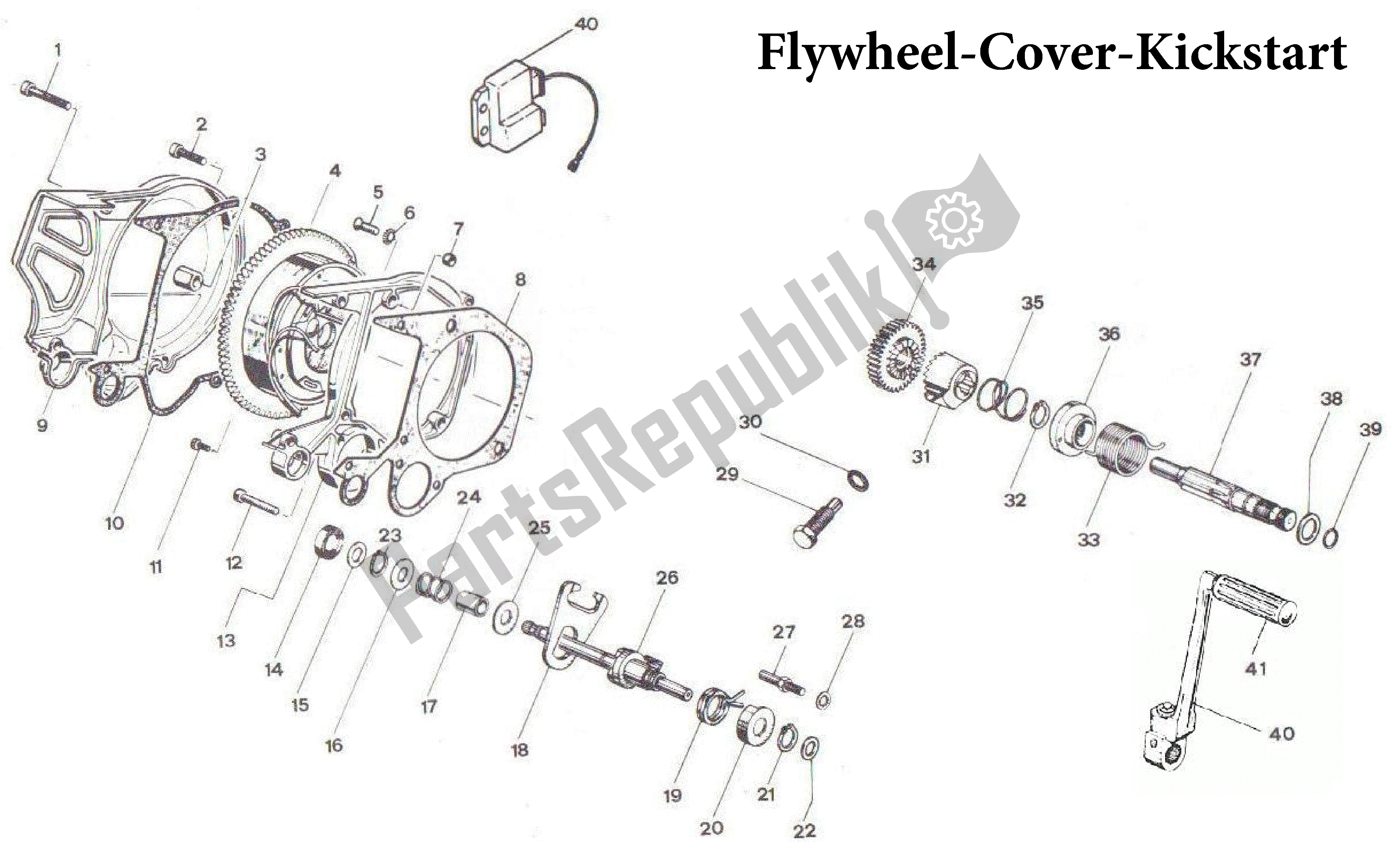 Alle onderdelen voor de Vliegwiel-cover-kickstart van de Aprilia Minarelli 50 1991 - 2010