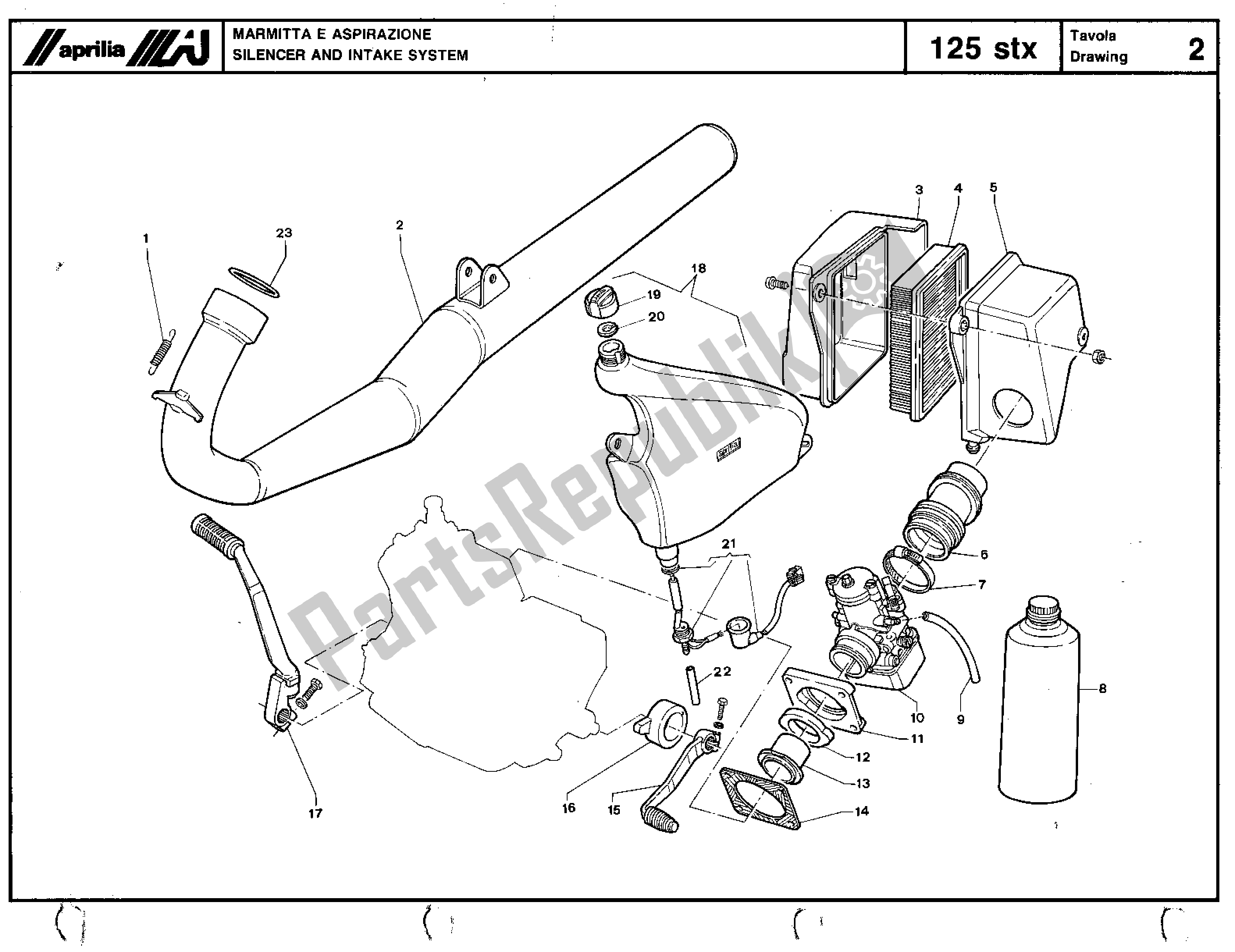 All parts for the Silencer And Intake System of the Aprilia STX 125 1984 - 1986