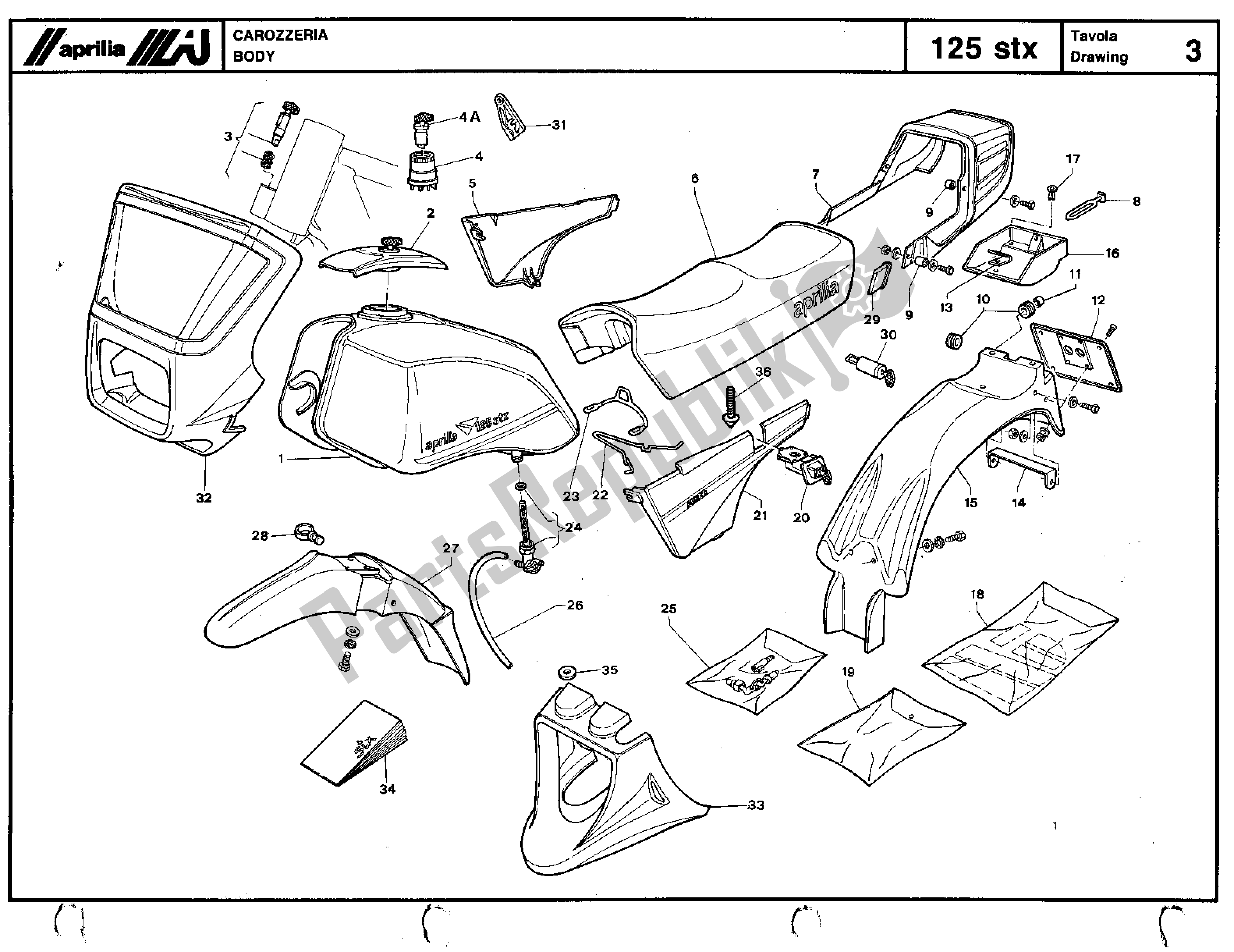 Alle onderdelen voor de Body van de Aprilia STX 125 1984 - 1986