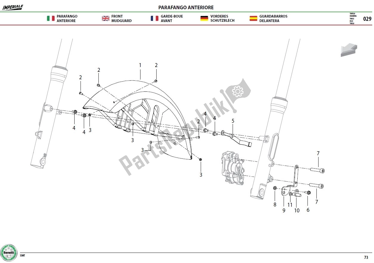Alle onderdelen voor de Front Mudguard Assy van de Benelli Imperiale 400 2019 - 2020