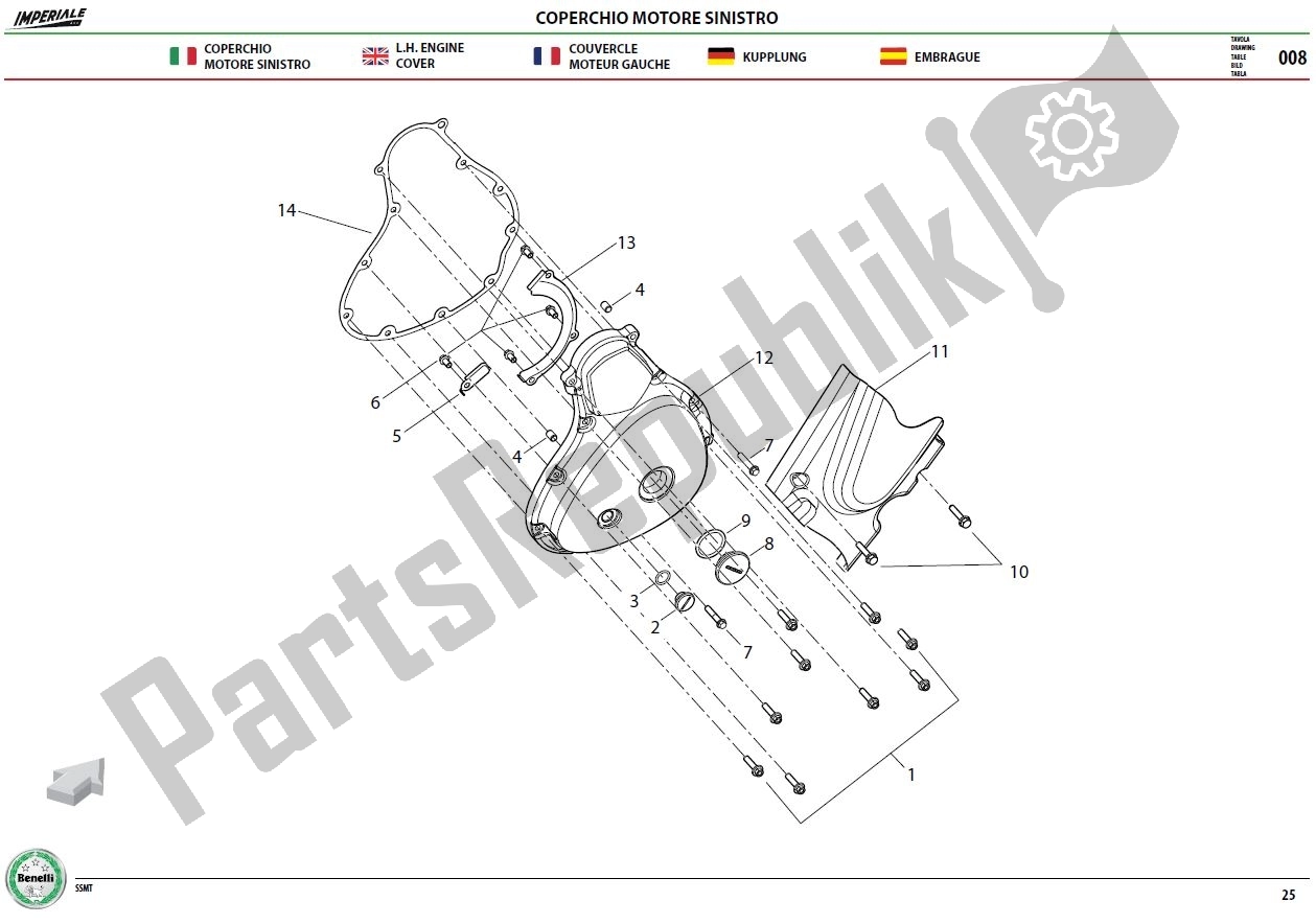 Alle onderdelen voor de L. H Engine Cover van de Benelli Imperiale 400 2019 - 2020