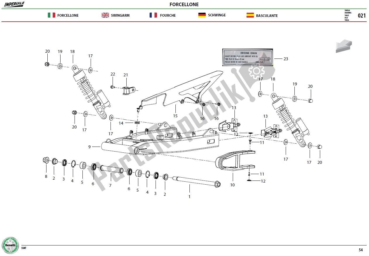 Alle onderdelen voor de Swingarm Assy van de Benelli Imperiale 400 2019 - 2020