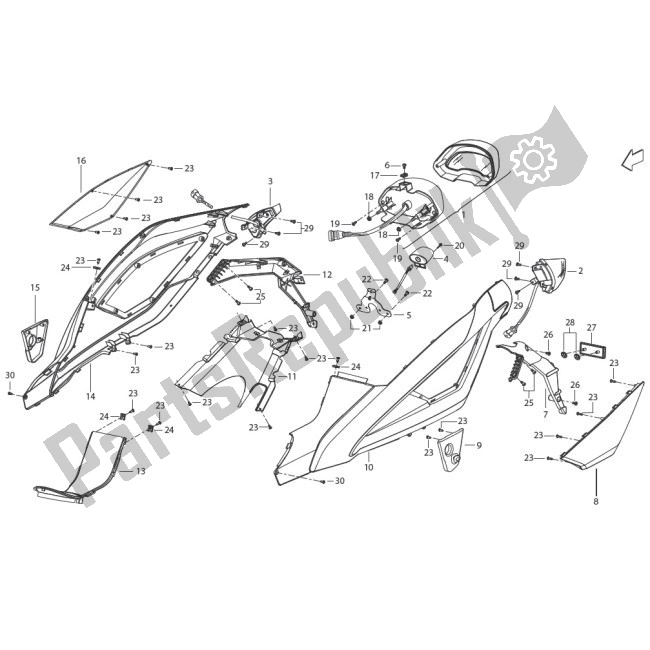 Alle onderdelen voor de F009 Tailguard van de Benelli 49X MY 10 50 2010