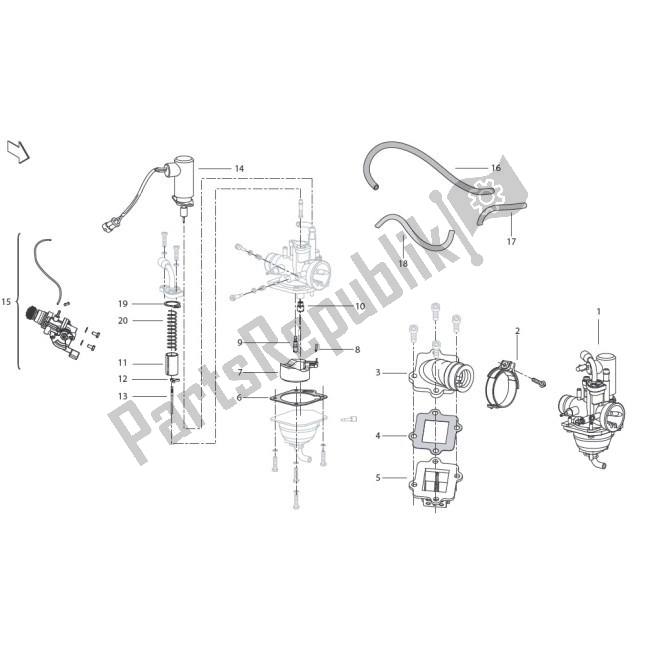 Alle onderdelen voor de E005 Carburetor van de Benelli 49X MY 10 50 2010