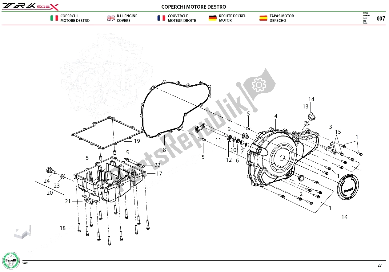 Alle onderdelen voor de E07 R. H Engine Cover van de Benelli TRK 502X 2017 - 2019