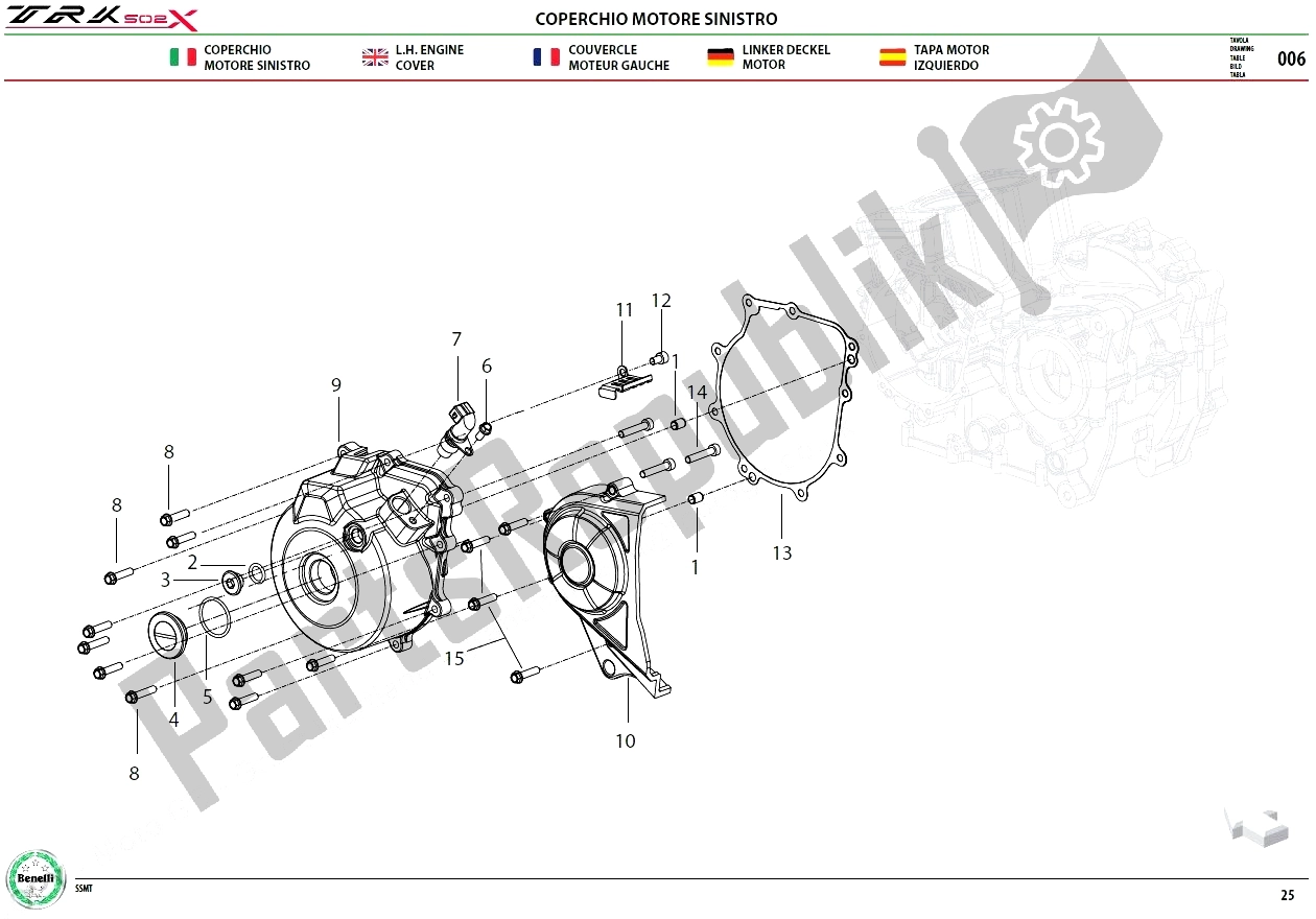 Alle onderdelen voor de E06 L. H Engine Cover van de Benelli TRK 502X 2017 - 2019