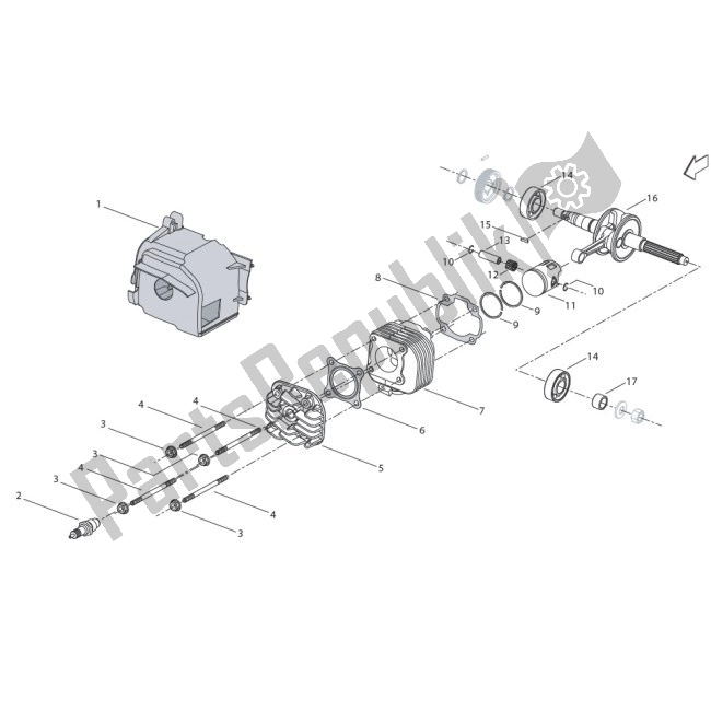 Alle onderdelen voor de E003 Crankshaft Assembly van de Benelli 49X MY 10 50 2010