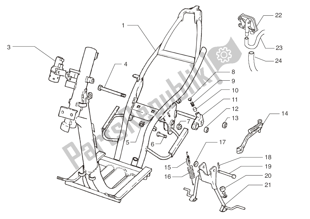 Alle onderdelen voor de Chassis- Middenstandaard van de Beta ARK K AC Zilver Grijs 45 KM H 50 2000 - 2010