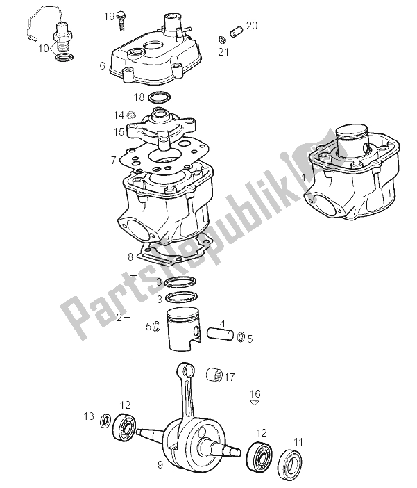 All parts for the Drive Shaft - Cylinder - Piston of the Derbi Senda 50 SM X Race E2 3 Edicion 2007