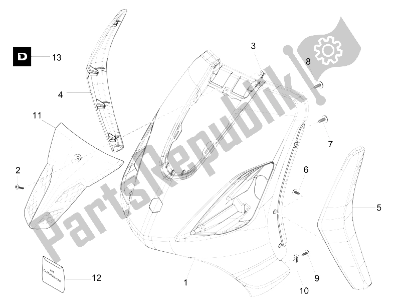All parts for the Front Shield of the Derbi Boulevard 50 CC 2T E2 2009