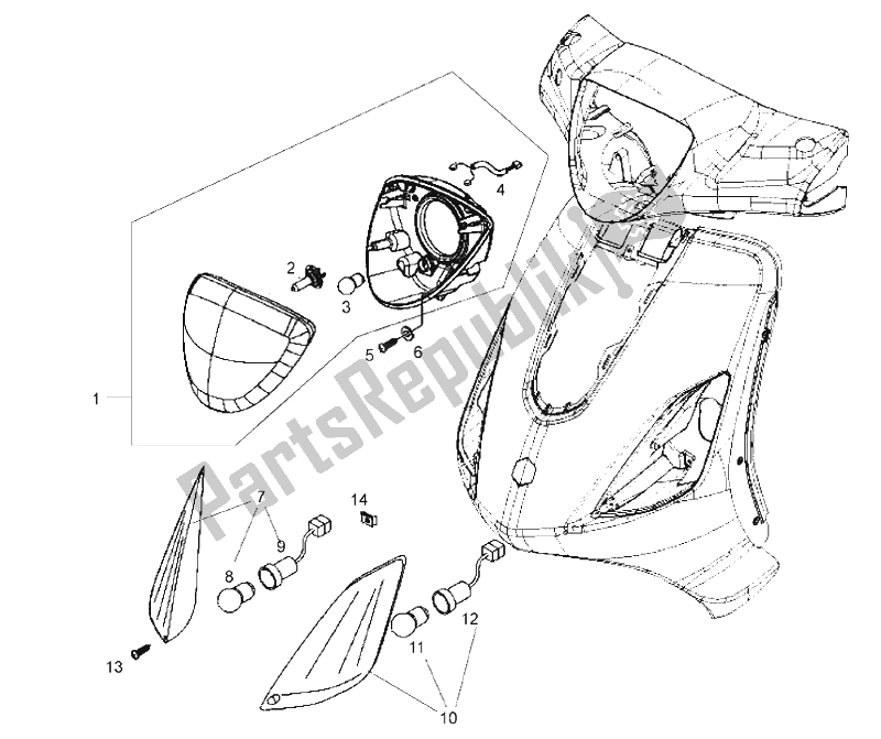 All parts for the Front Lights (2) of the Derbi Boulevard 125 CC 4T E3 2008