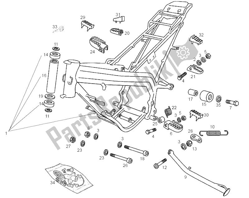 Tutte le parti per il Cavalletto Centrale del Derbi Senda 50 SM DRD Racing E2 2 VER 2005