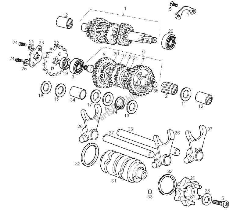 All parts for the Gear Box of the Derbi Senda 50 R DRD Racing E2 2 VER 2005