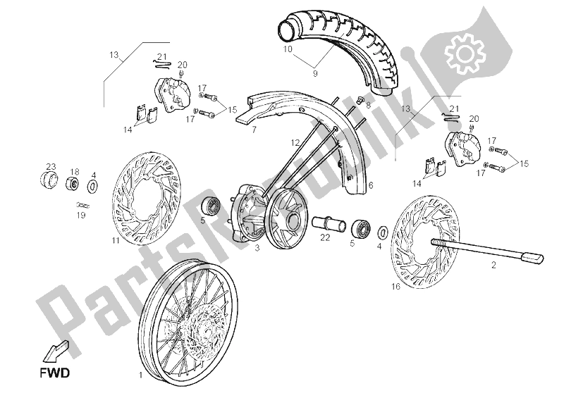 Todas las partes para Rueda Delantera de Derbi Senda 50 SM DRD Edition Black E2 2005