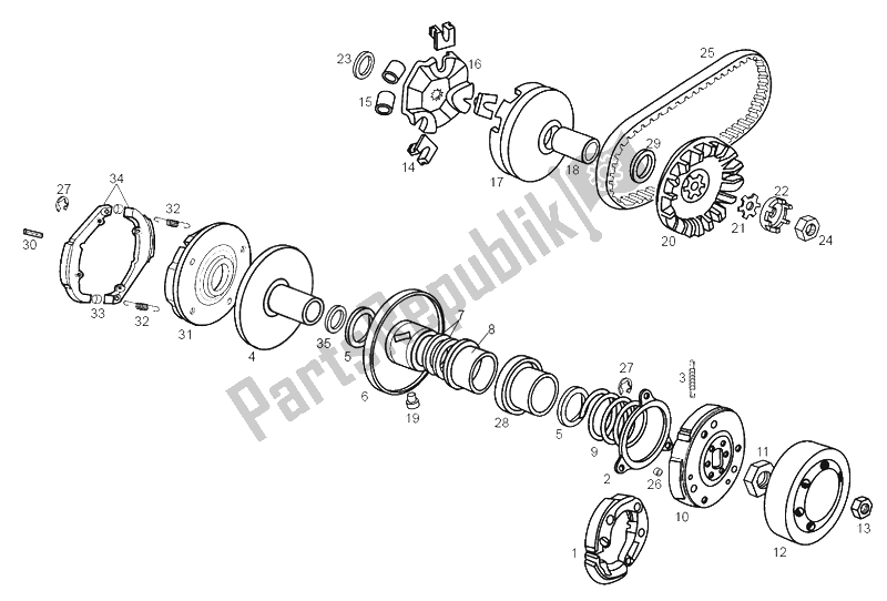 Alle onderdelen voor de Variator van de Derbi Variant Start Courier E1 50 2003