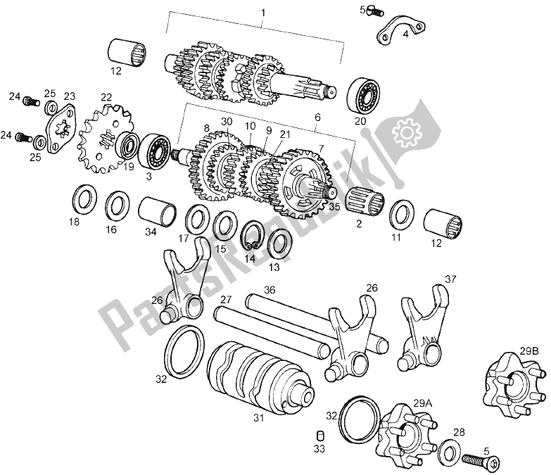 All parts for the Gear Box of the Derbi Senda 50 SM X Trem E2 3 VER 2008