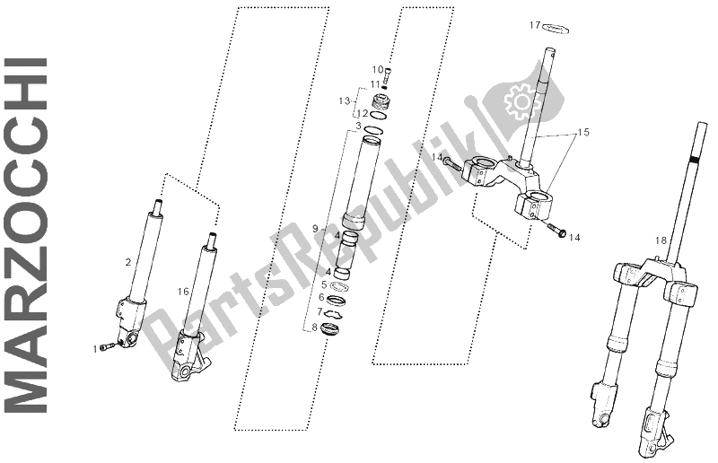 Tutte le parti per il Forcella Anteriore Marzocchi del Derbi GP1 50 CC Race E2 2 VER 2005