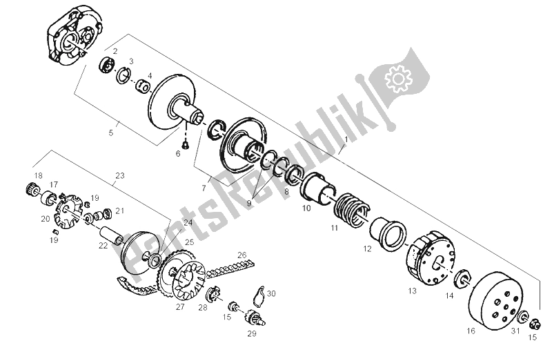 Alle onderdelen voor de Variator van de Derbi Atlantis O2 City 25 KMH 50 2003