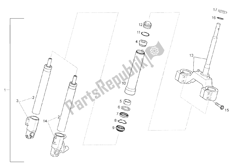 All parts for the Front Fork of the Derbi GP1 LOW Seat 250 CC E3 2 VER 2007