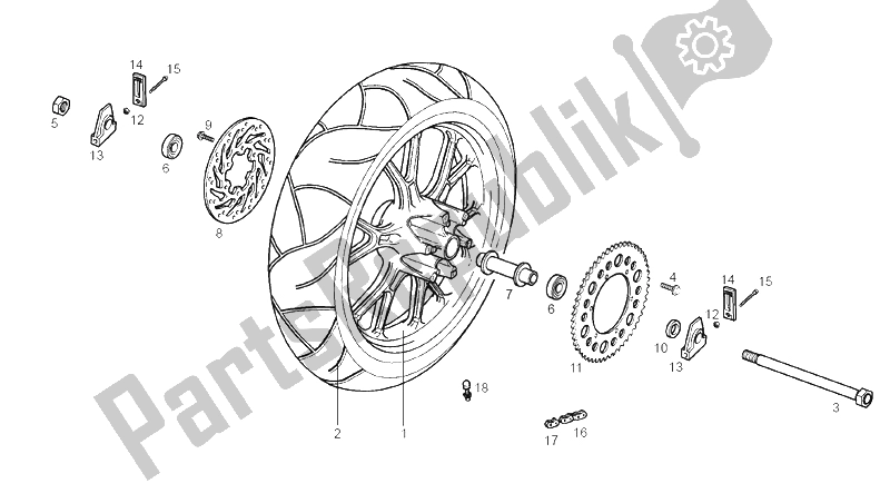 Toutes les pièces pour le Roue Arrière du Derbi GPR 125 Nude Sport E2 2 Edicion 2004