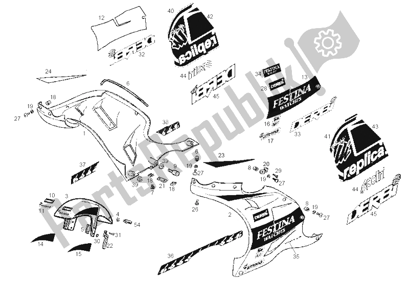 All parts for the Front Mudguard of the Derbi GPR 50 Replica Export Market 1999