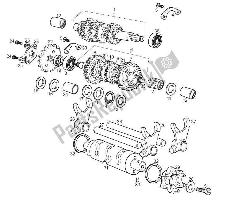 All parts for the Gearbox Rh Primary- Lh Final of the Derbi Senda 50 R Export Market 2000