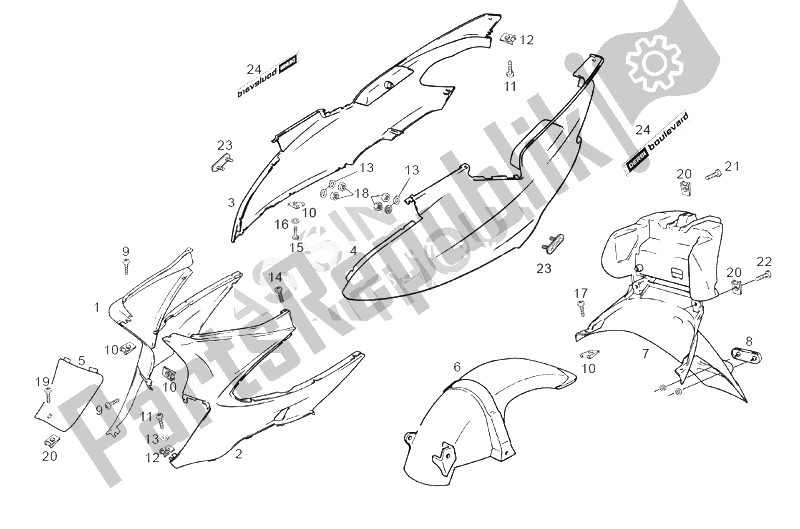 All parts for the Frame (2) of the Derbi Boulevard 50 2003