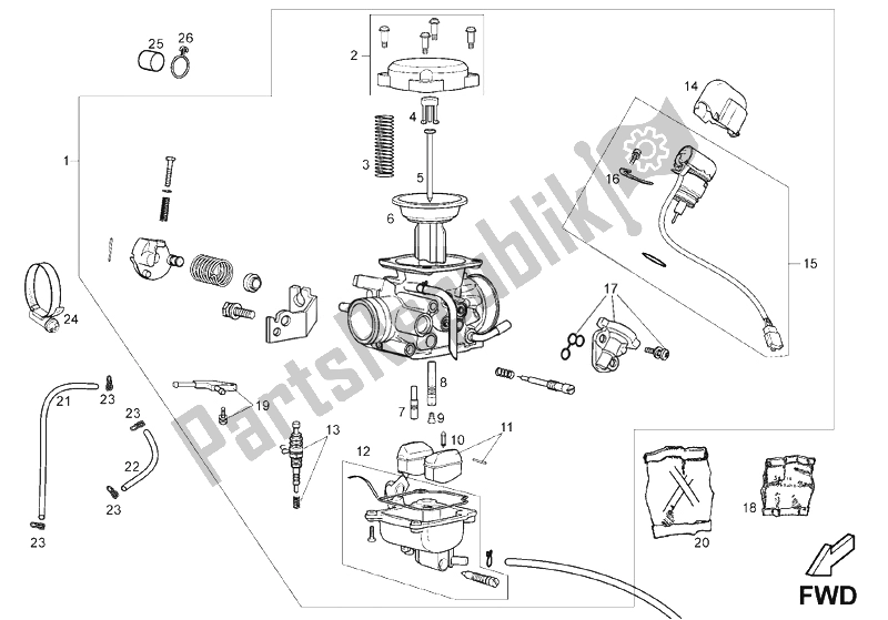 All parts for the Carburettor of the Derbi Mulhacen Cafe 125 E3 2008
