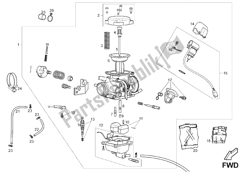 All parts for the Carburettor of the Derbi Mulhacen Cafe 125 E3 2008