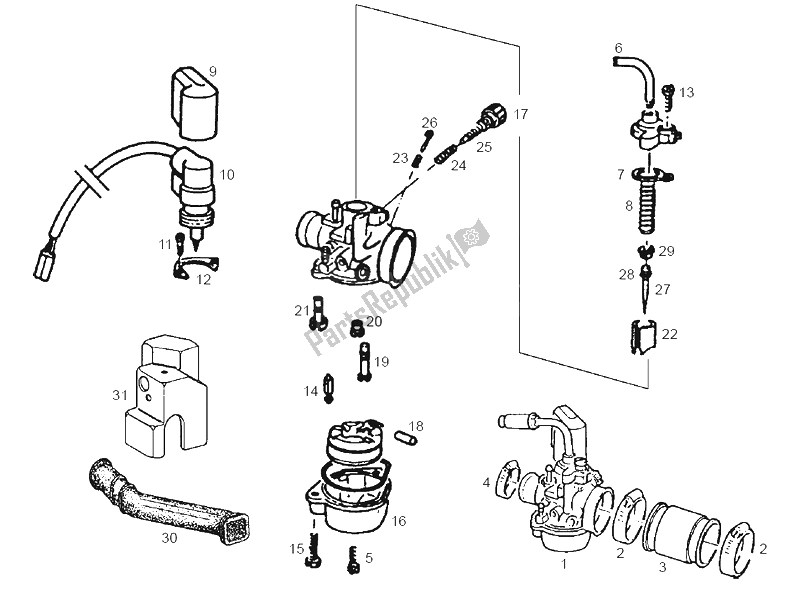 All parts for the Carburettor of the Derbi Atlantis Red Bullet E1 50 2003