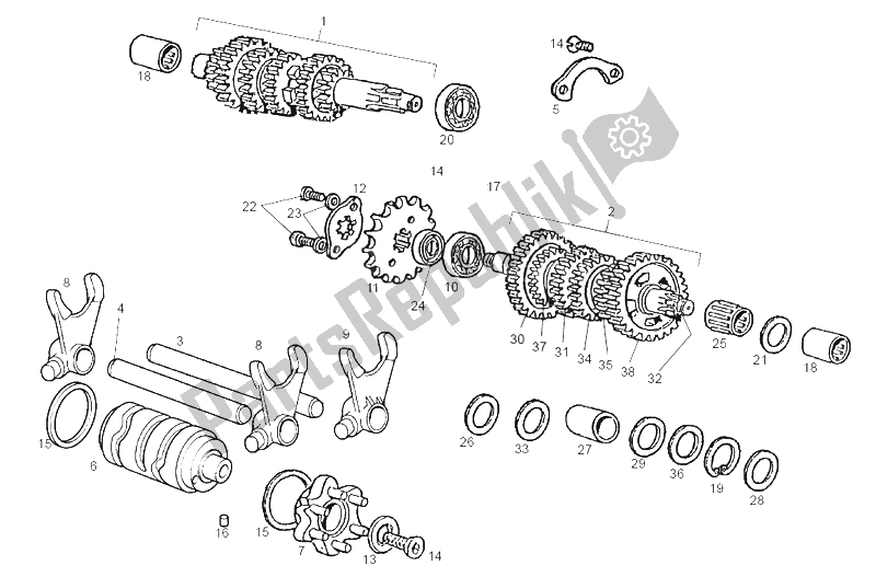 All parts for the Gear Box of the Derbi GPR 50 Nude E2 2A Edicion 2004