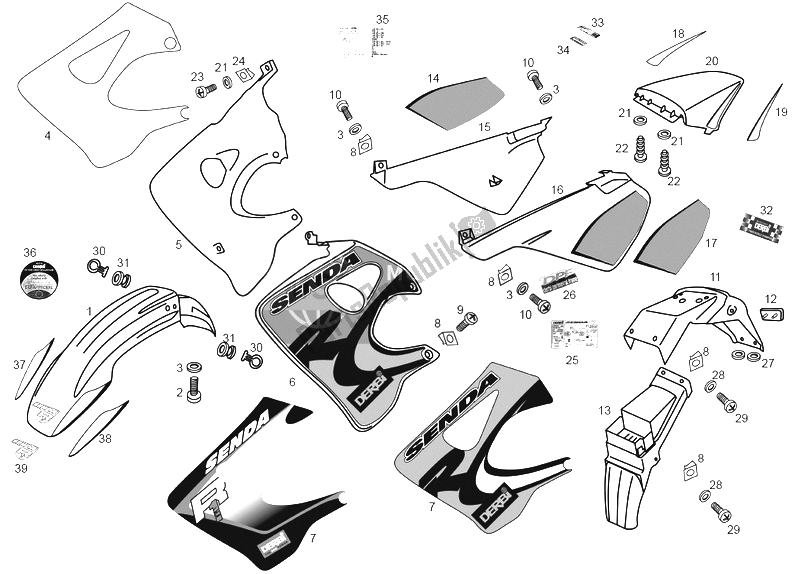 All parts for the Front Mudguard of the Derbi Senda 50 R Export Market 2000