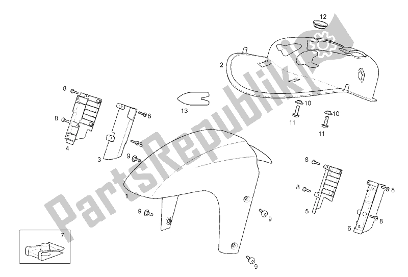 All parts for the Front Mudguard of the Derbi Rambla 125 CC 250 E3 2007