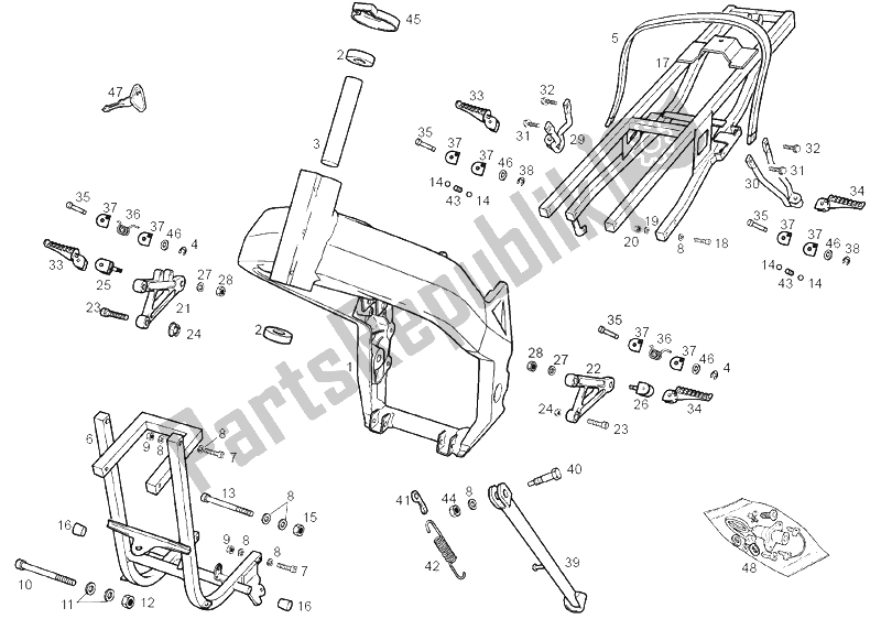 All parts for the Central Stand of the Derbi GPR 50 Nude E2 2A Edicion 2004