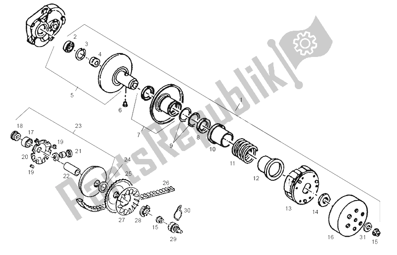 Alle onderdelen voor de Variator van de Derbi Atlantis Red Bullet E2 50 2003