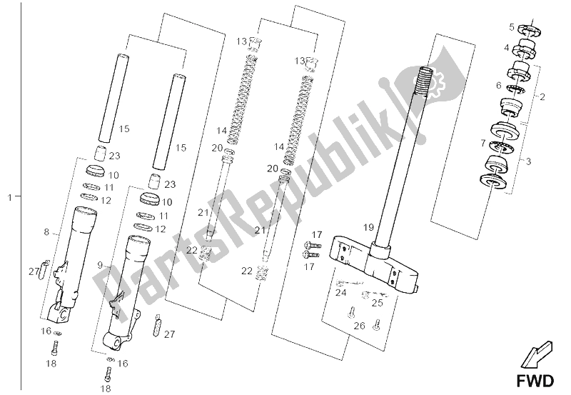 All parts for the Front Fork Sebac of the Derbi Boulevard 125 150 CC E2 2004