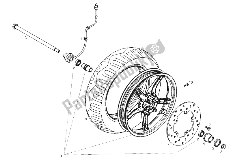 All parts for the Front Wheel of the Derbi Boulevard 50 CC 4T E2 25 KMH 2009