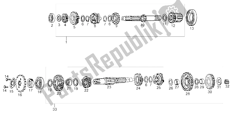 Toutes les pièces pour le Boîte De Vitesses du Derbi Senda 125 R 4T Baja E3 2007