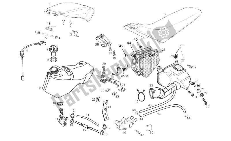 All parts for the Tank - Air Box - Saddle of the Derbi Senda 50 SM DRD Racing 2T E2 2010