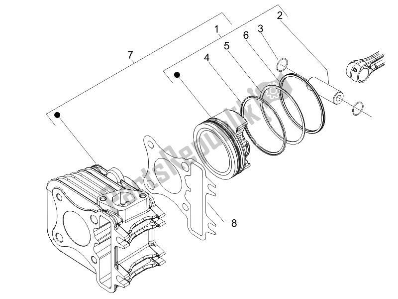 All parts for the Cylinder-piston-wrist Pin Unit of the Derbi Boulevard 150 4T E3 2010