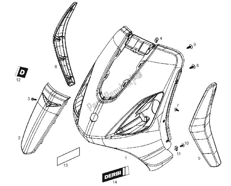 Todas las partes para Escudo Delantero de Derbi Boulevard 50 CC 4T E2 25 KMH 2009