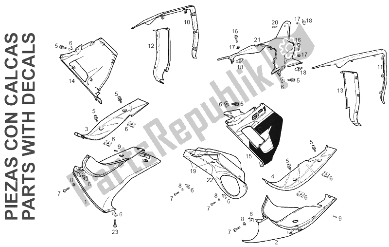 All parts for the Body (4) of the Derbi GP1 50 CC Race E2 2 VER 2005