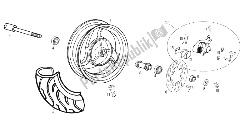 All parts for the Front Wheel of the Derbi GP1 50 CC E1 2003