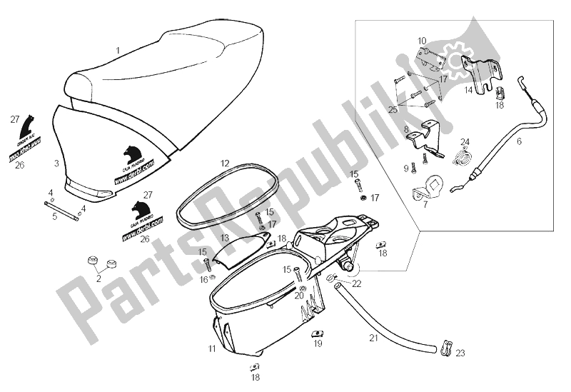 All parts for the Saddle - Helmet Compartment of the Derbi GP1 2A Edicion 50 2002