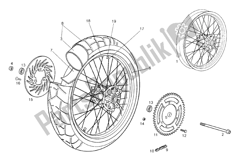 All parts for the Rear Wheel of the Derbi Mulhacen Cafe 125 E3 2008