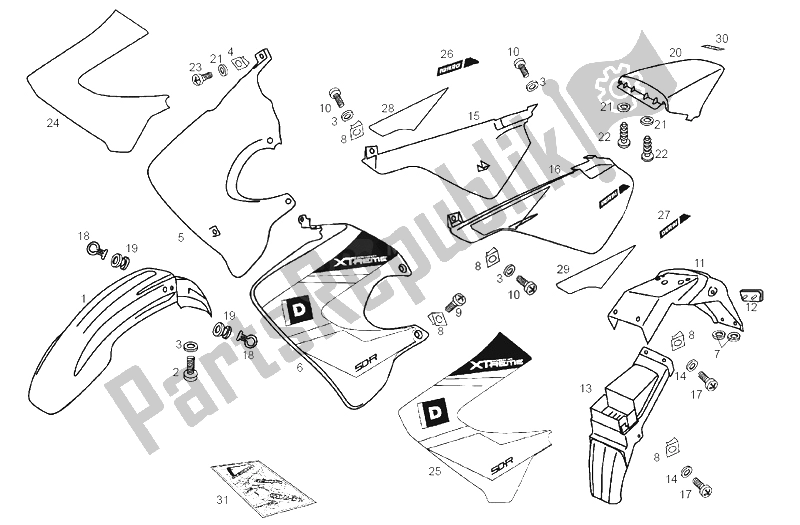 All parts for the Frame of the Derbi Senda 50 R X Trem E2 2 Edicion 2005